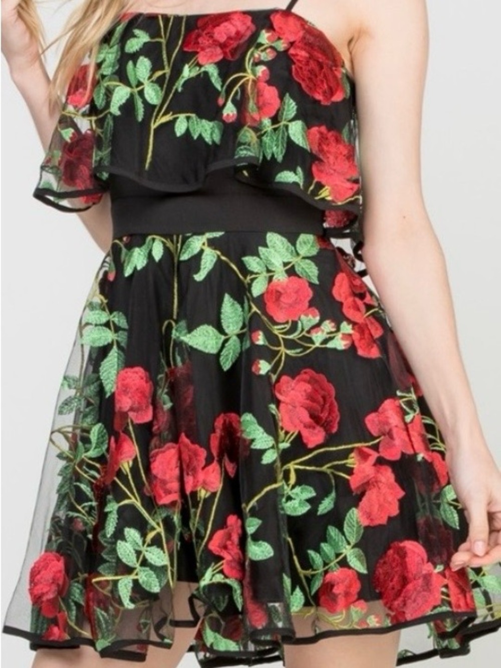 Black with red Embroidery Floral Mini Dress with adjustable straps - Picture 5 of 7